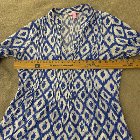 LILLY PULITZER TOP BLUE WHITE FISH DIAMOND PRINT SARASOTA PINTUCK TUNIC SIZE S - Picture 5 of 8